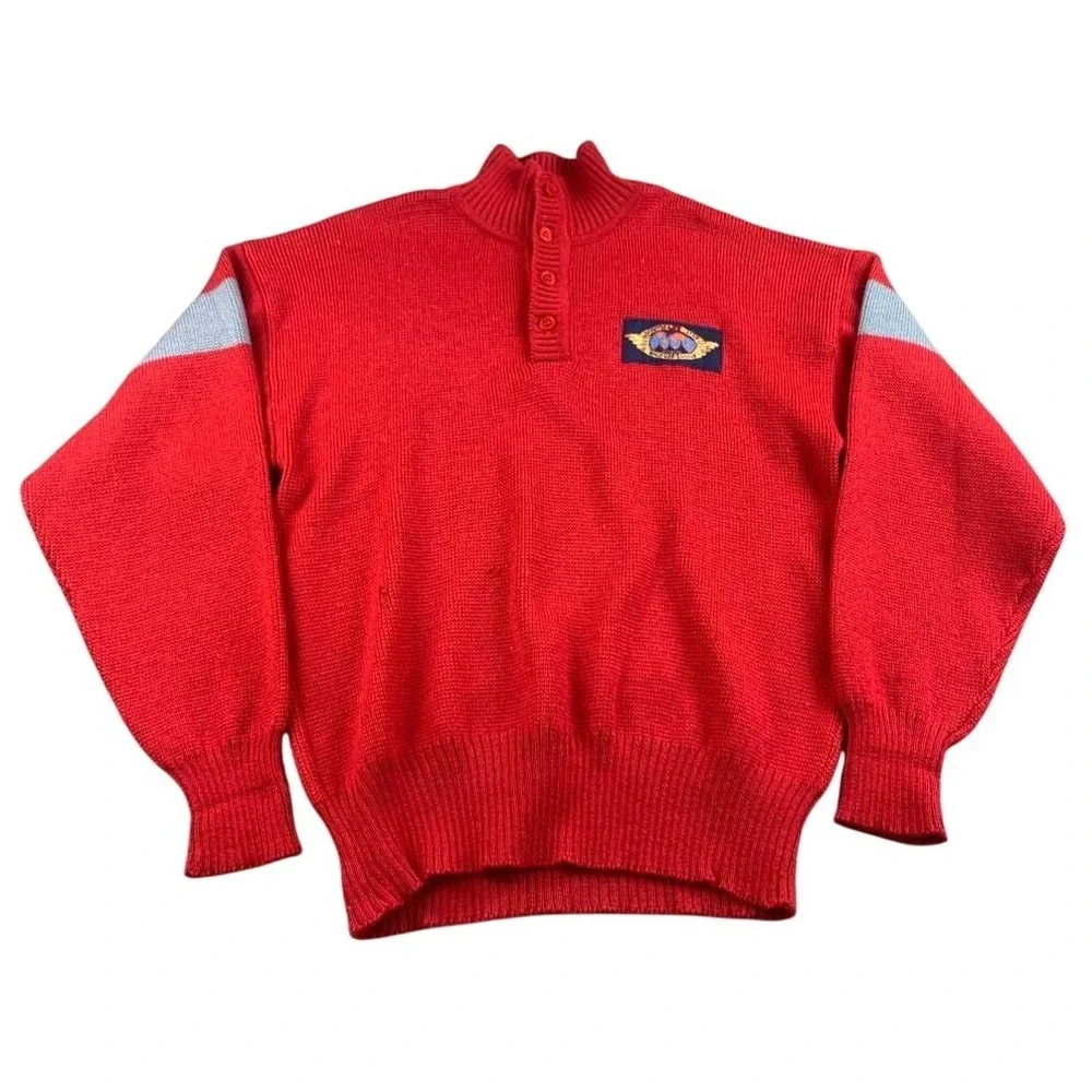 Vintage Serac Apres Ski Sweater Men M Red Globe Patch 80s Retro Hong Kong Made